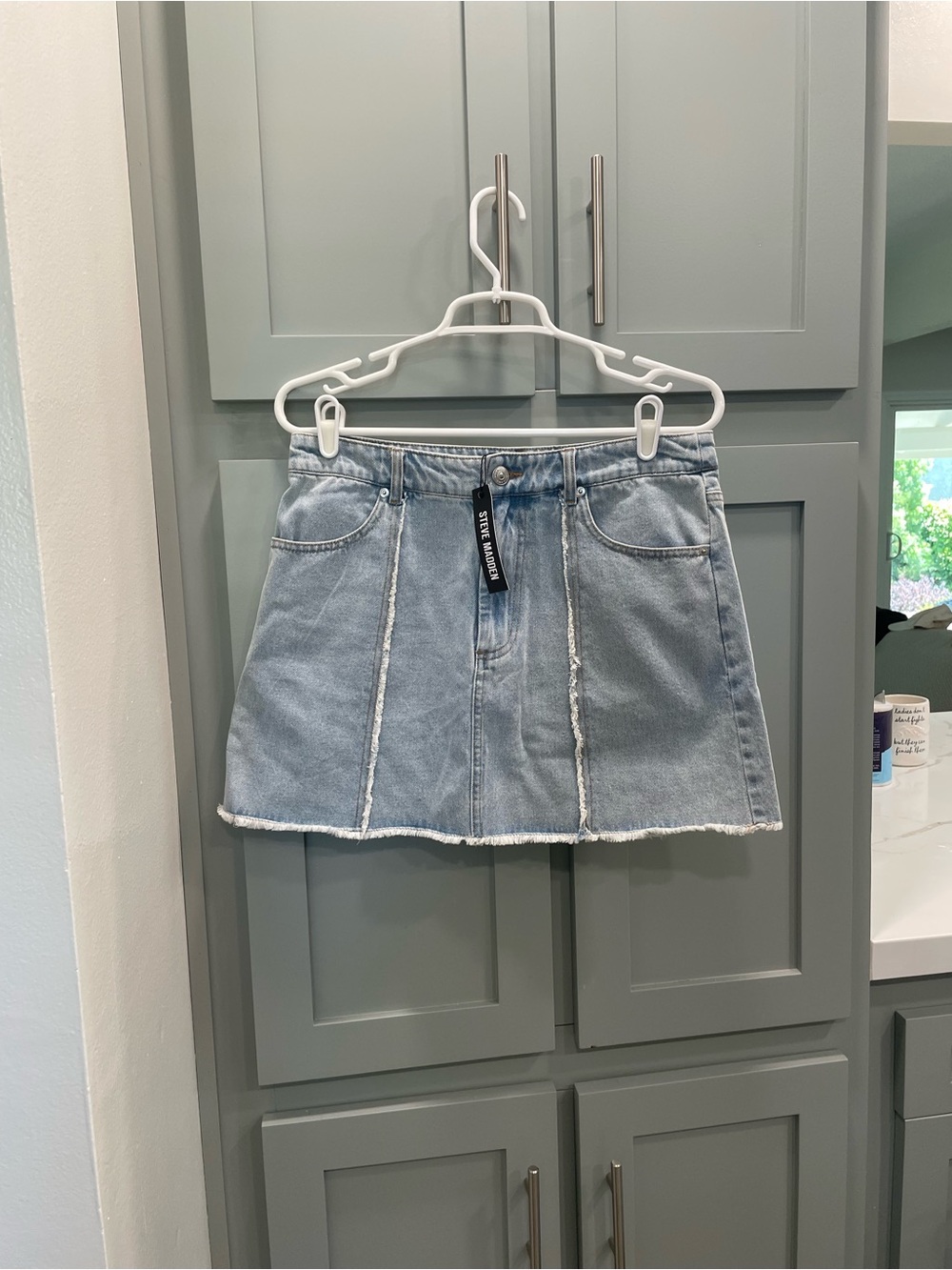 Steve Madden Light Blue Denim Mini Skirt with Frayed Trim